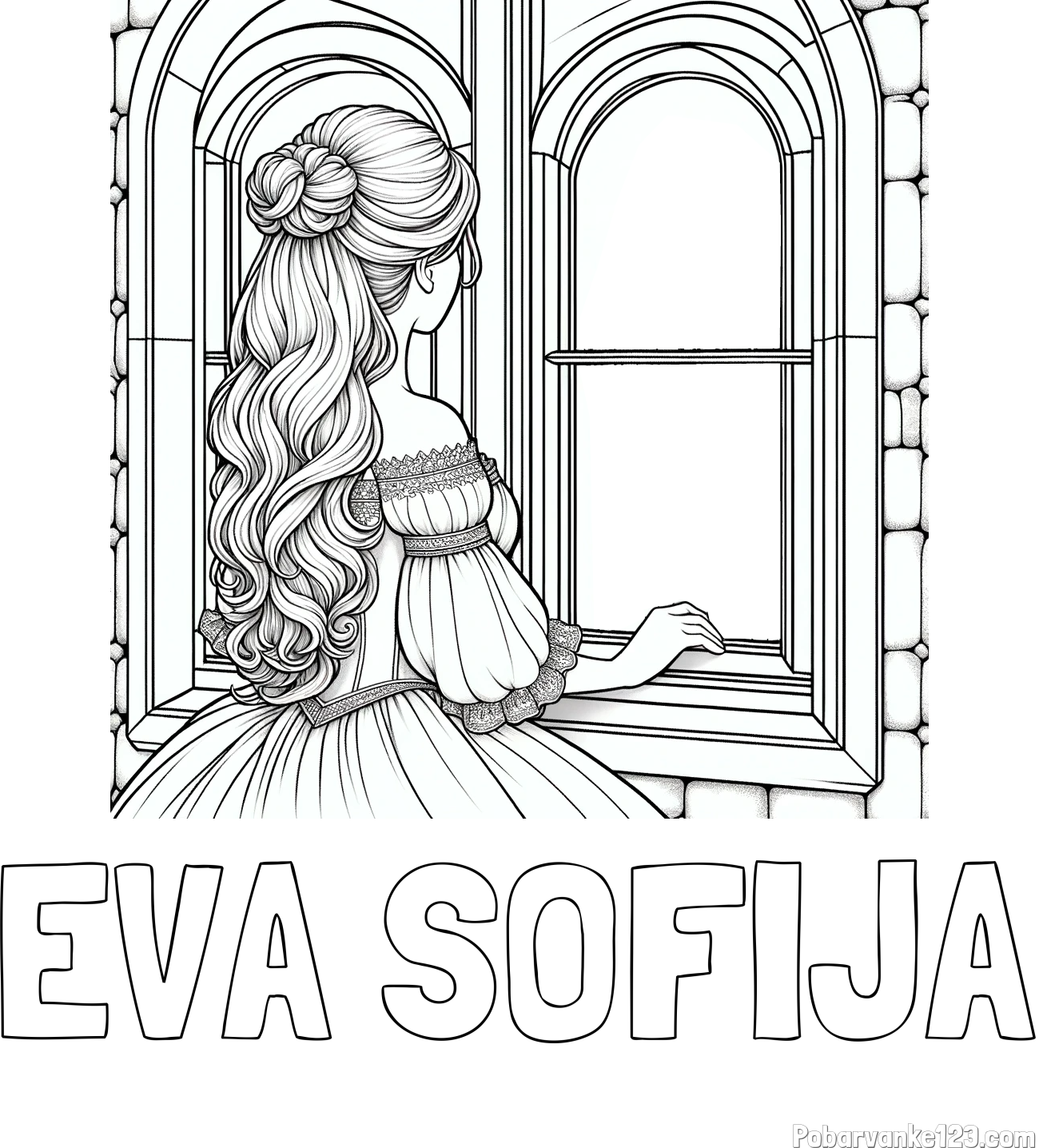 Pobarvanka imena EVA SOFIJA in pobarvanka princese, ki gleda skozi okno