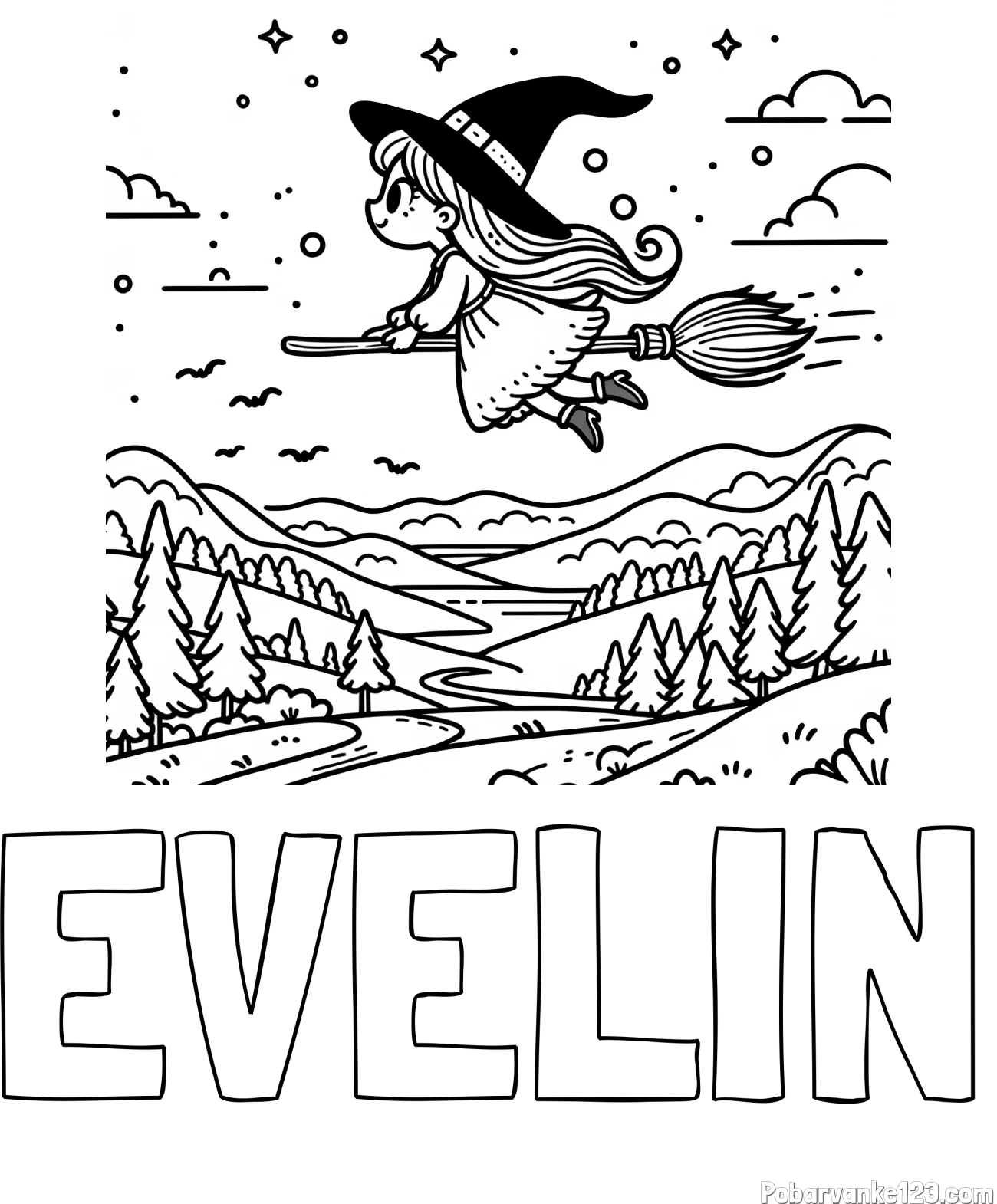 Pobarvanka imena EVELIN in pobarvanka čarovnice, ki leti na metli
