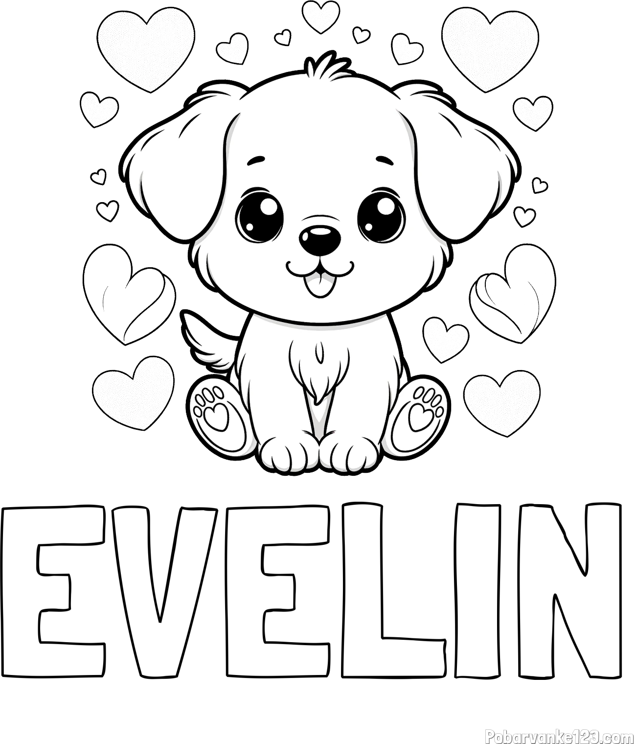 Pobarvanka imena EVELIN in pobarvanka ljubkega kužka obdanega s srčki