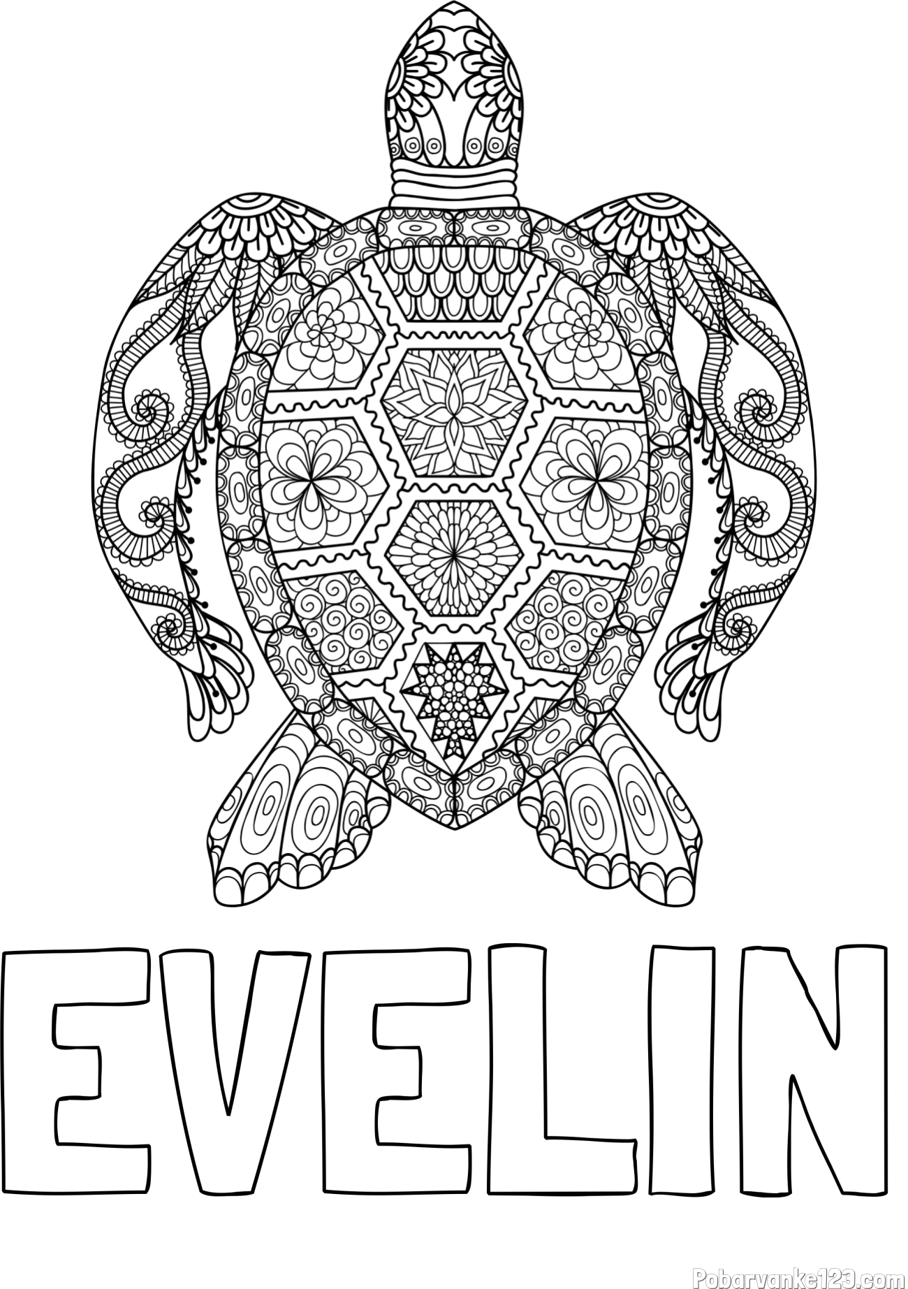 Pobarvanka imena EVELIN in pobarvanka želve - mandale
