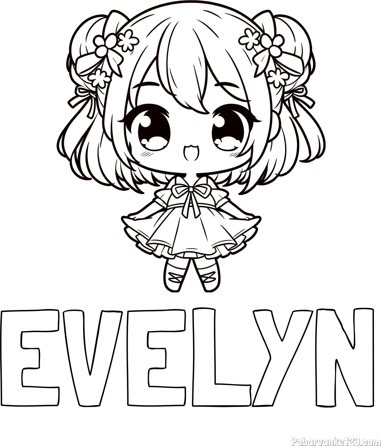 Pobarvanka imena EVELYN in otroška pobarvanka punčke v japonskem anime slogu