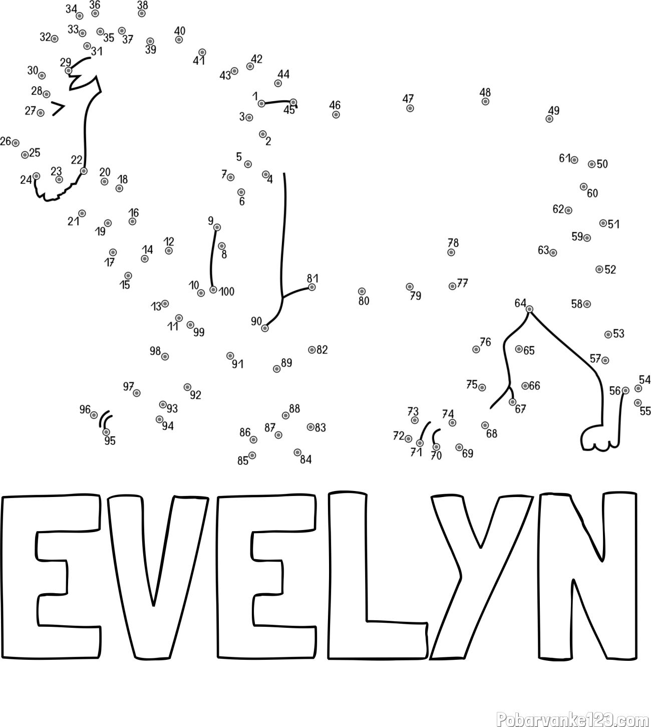 Pobarvanka imena EVELYN in pobarvanka leva - poveži številke