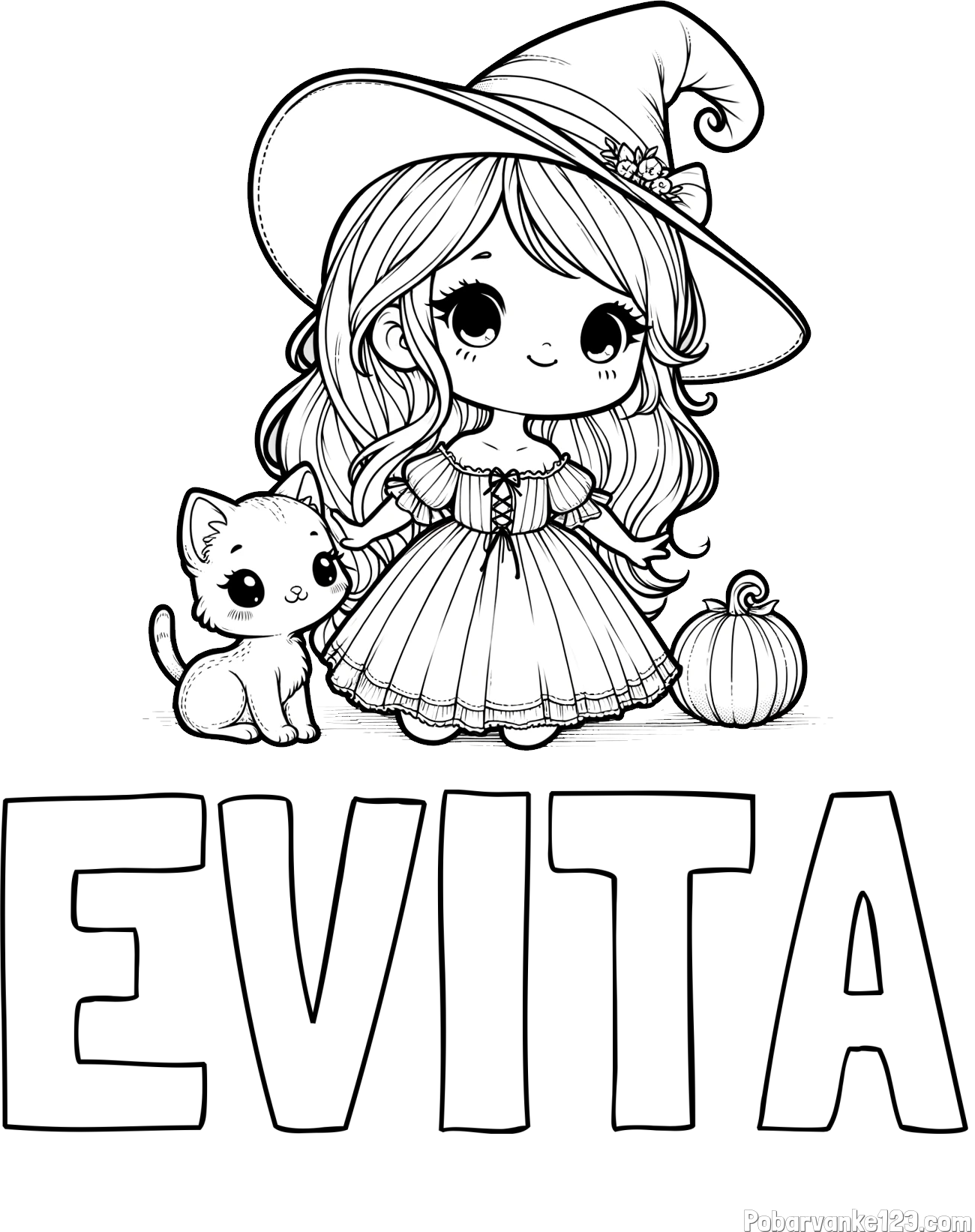 Pobarvanka imena EVITA in pobarvanka ljubke čarovnice, muce in buče