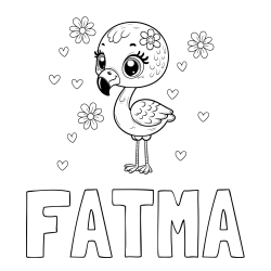 Online izdelana pobarvanka - Pobarvanka imena FATMA in pobarvanka mladička flaminga z rožicami in srčki