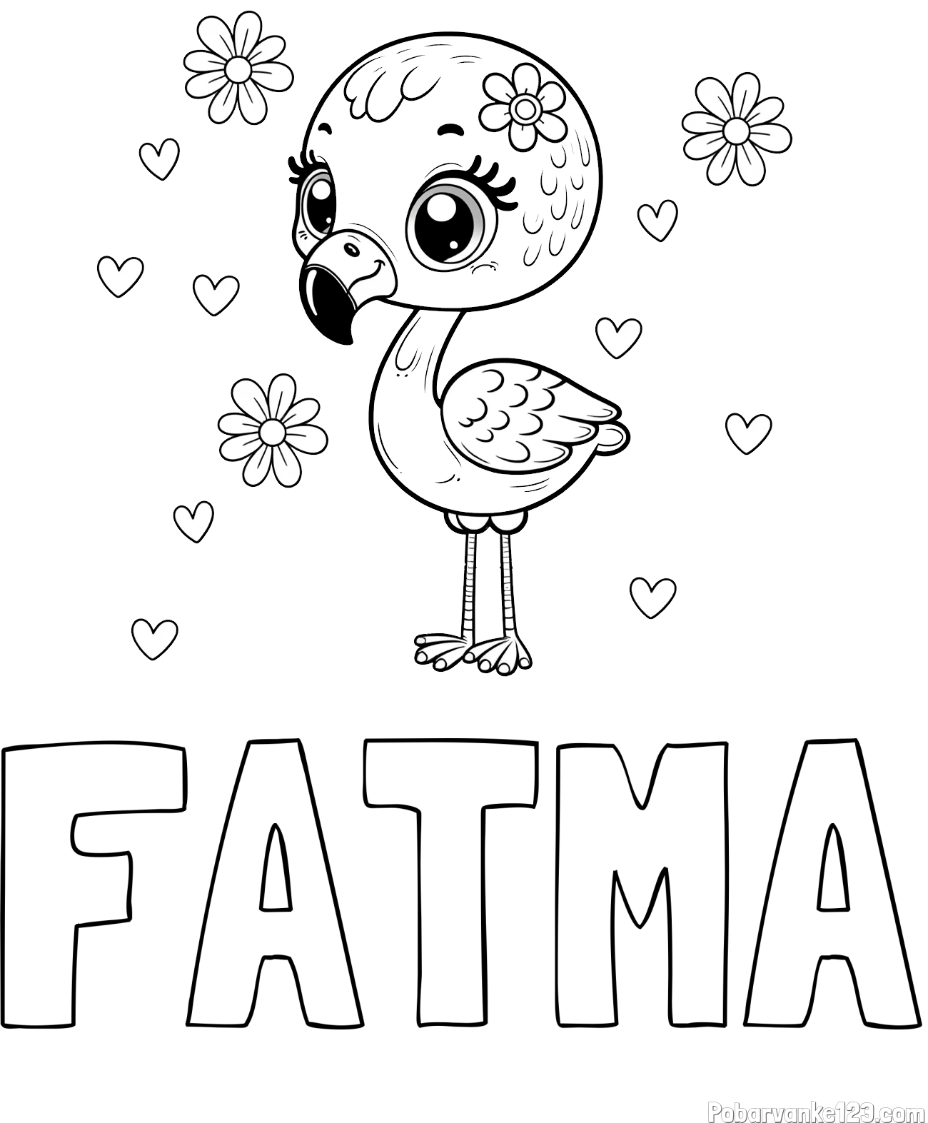 Pobarvanka imena FATMA in pobarvanka mladička flaminga z rožicami in srčki