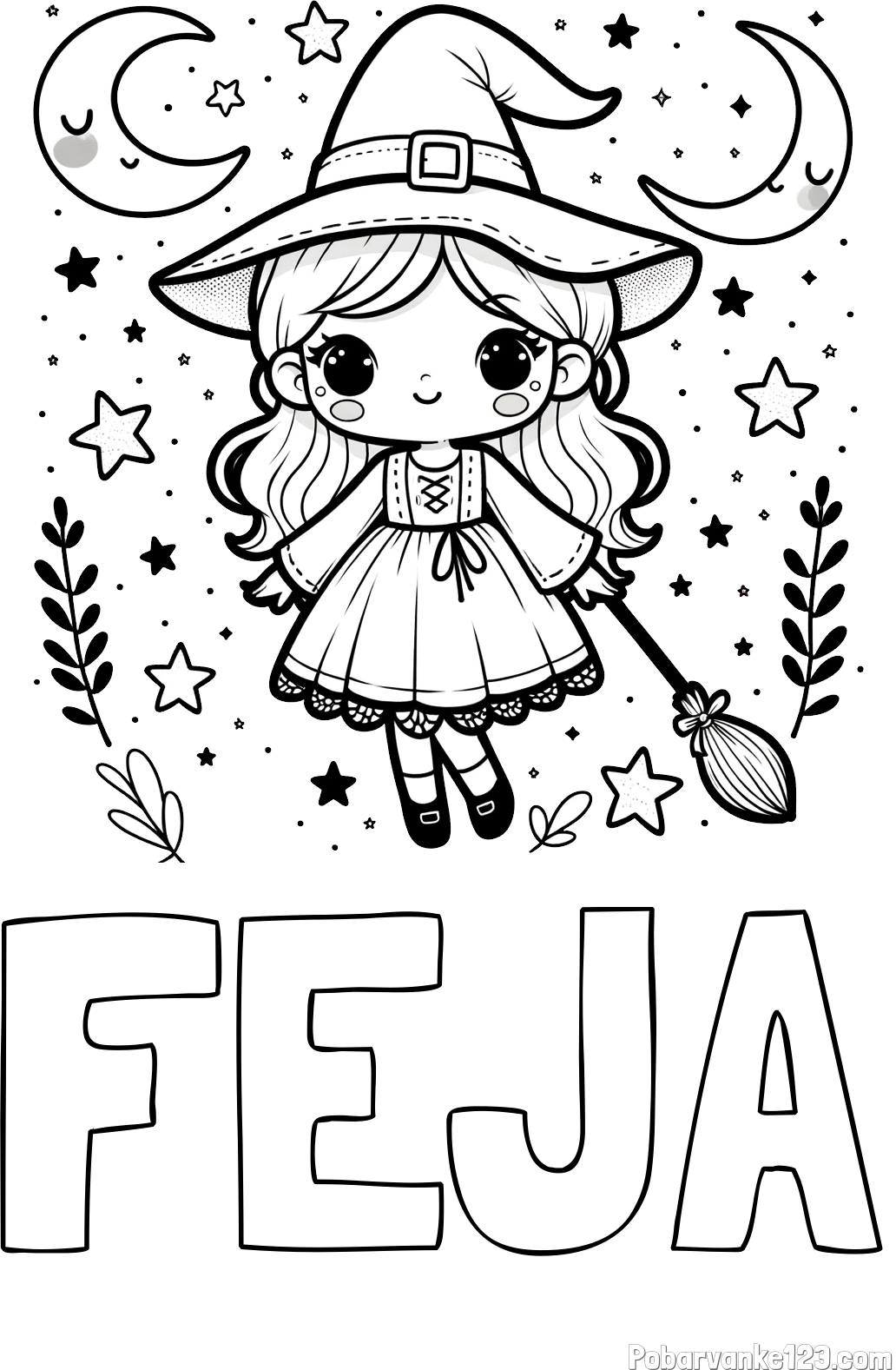 Pobarvanka imena FEJA in pobarvanka prikupne čarovnice