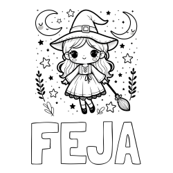 Online izdelana pobarvanka - Pobarvanka imena FEJA in pobarvanka prikupne čarovnice