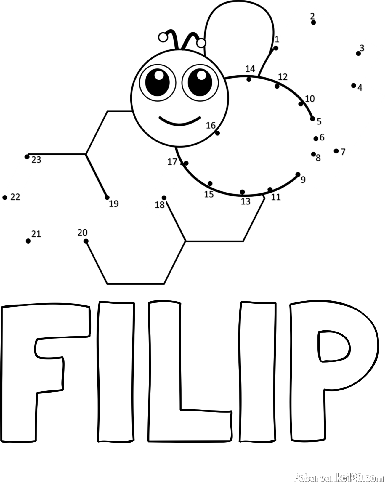 Pobarvanka imena FILIP in pobarvanka čebelice in satja - poveži številke