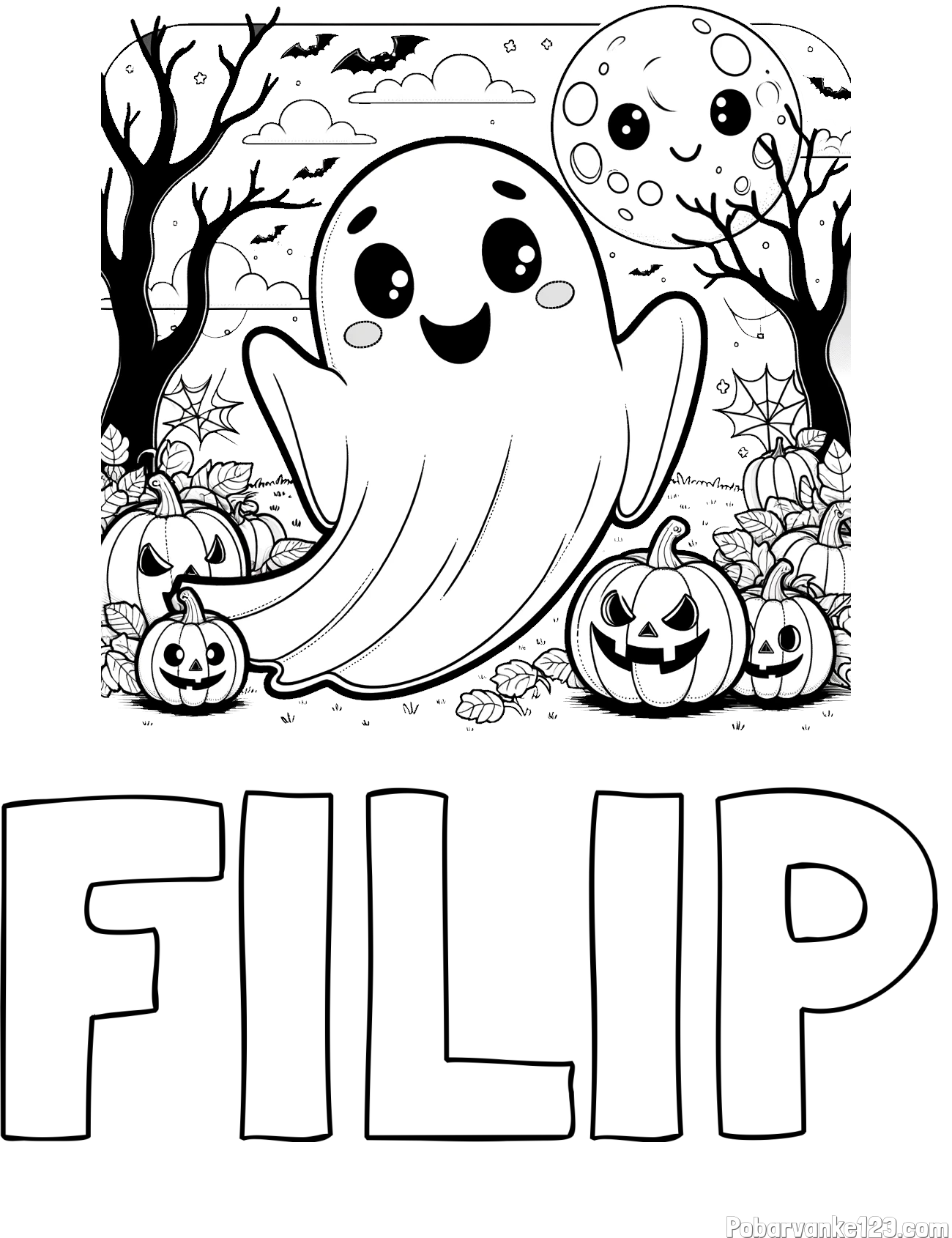 Pobarvanka imena FILIP in pobarvanka ljubkega duhca in buč za noč čarovnic