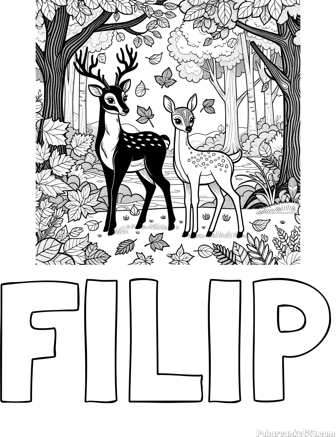 Pobarvanka imena FILIP in pobarvanka srnice in jelenčka