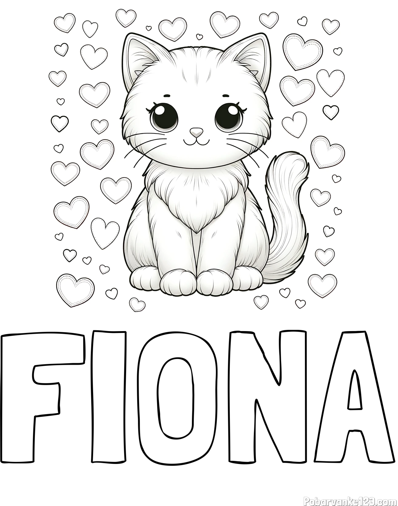 Pobarvanka imena FIONA in pobarvanka ljubke mucke obdane s srčki