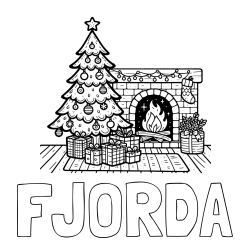 Online izdelana pobarvanka - Pobarvanka imena FJORDA in pobarvanka božične noči z božično smrečico, darili ter kaminom