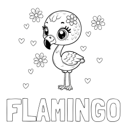 Online izdelana pobarvanka - Pobarvanka imena FLAMINGO in pobarvanka mladička flaminga z rožicami in srčki