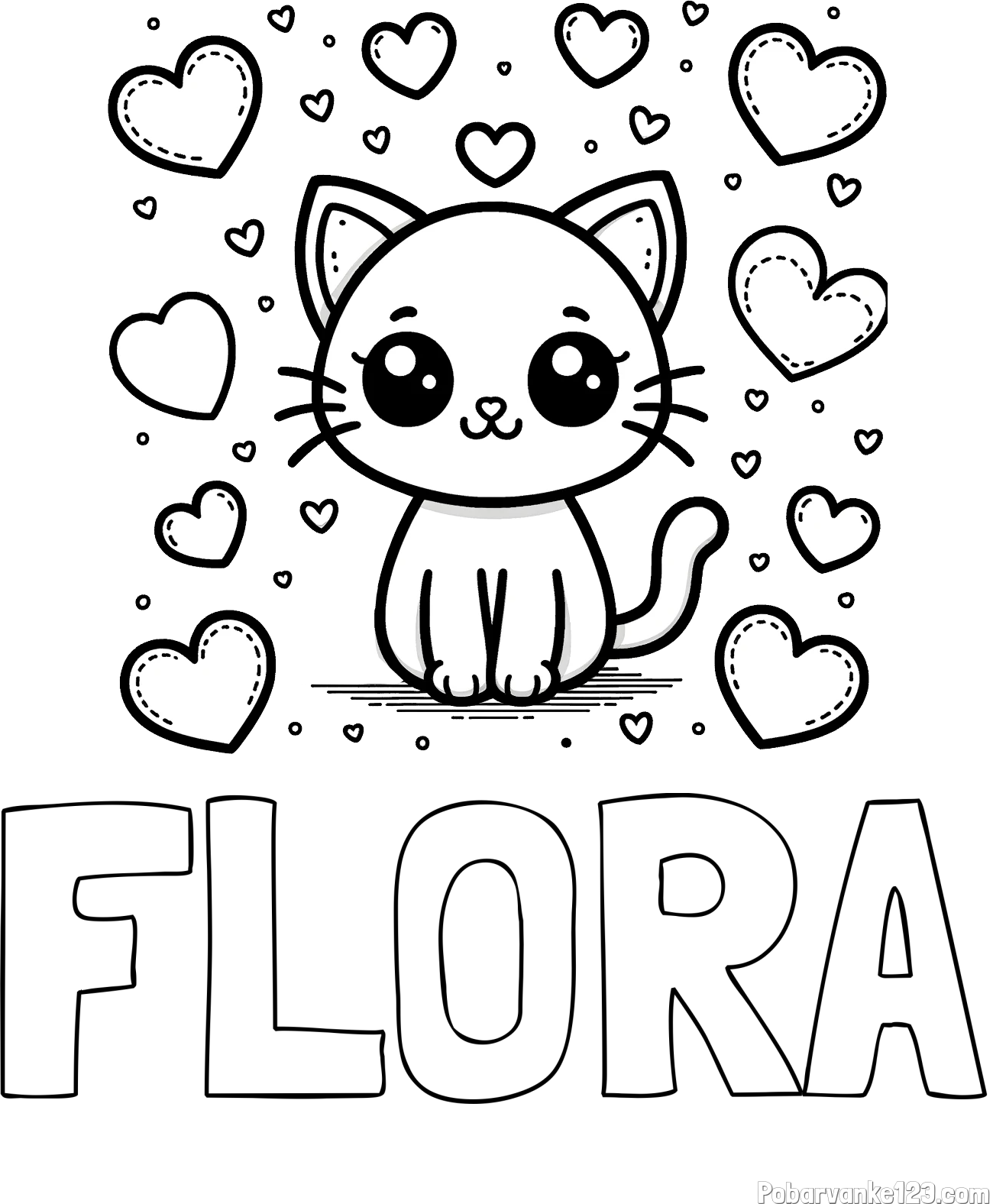 Pobarvanka imena FLORA in pobarvanka ljubke mucke obdane z veliko srčki