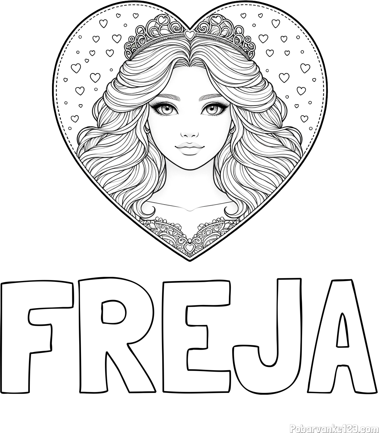 Pobarvanka imena FREJA in pobarvanka ljubke princese v srčku