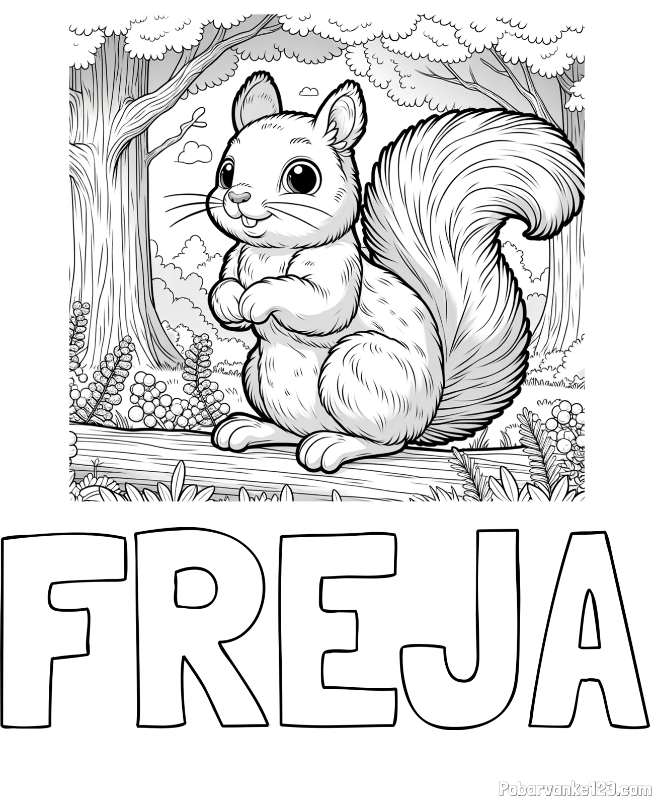 Pobarvanka imena FREJA in pobarvanka veverice v gozdu