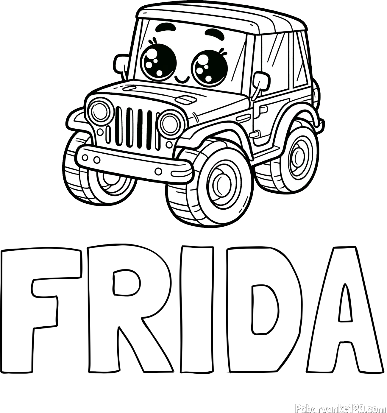 Pobarvanka imena FRIDA in otroška pobarvanka nasmejanega jeep-a