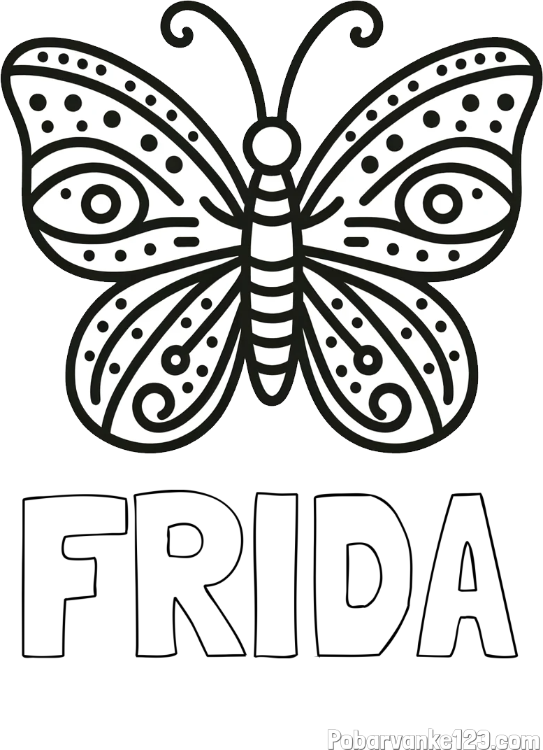Pobarvanka imena FRIDA in preprosta pobarvanka metulja