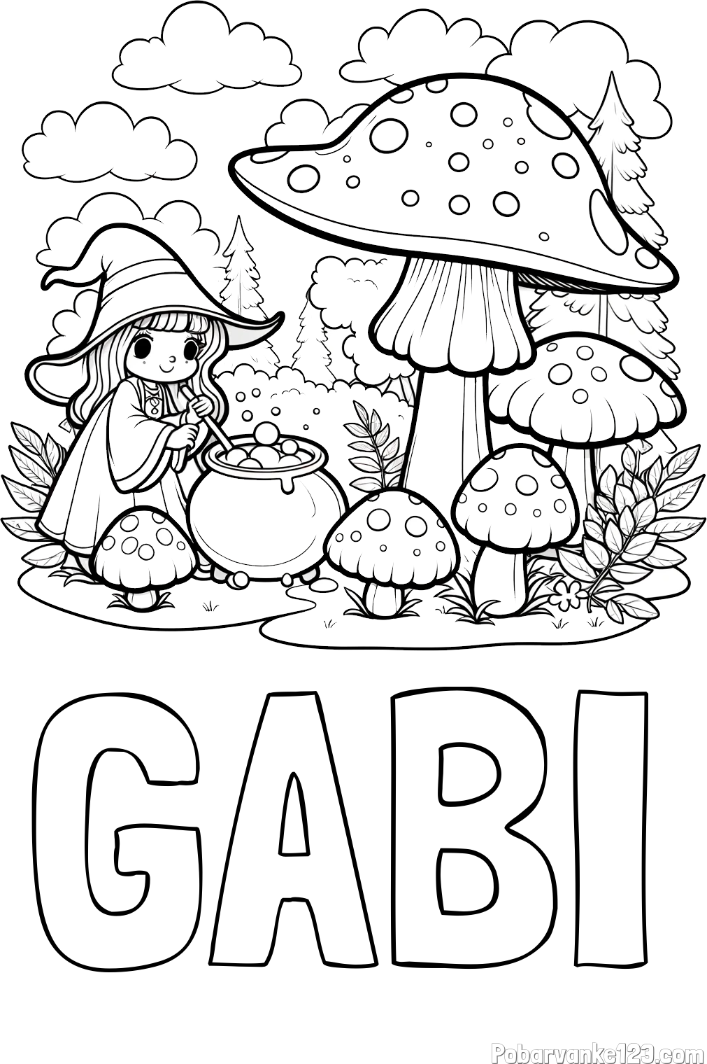 Pobarvanka imena GABI in pobarvanka čarovnice med gobami