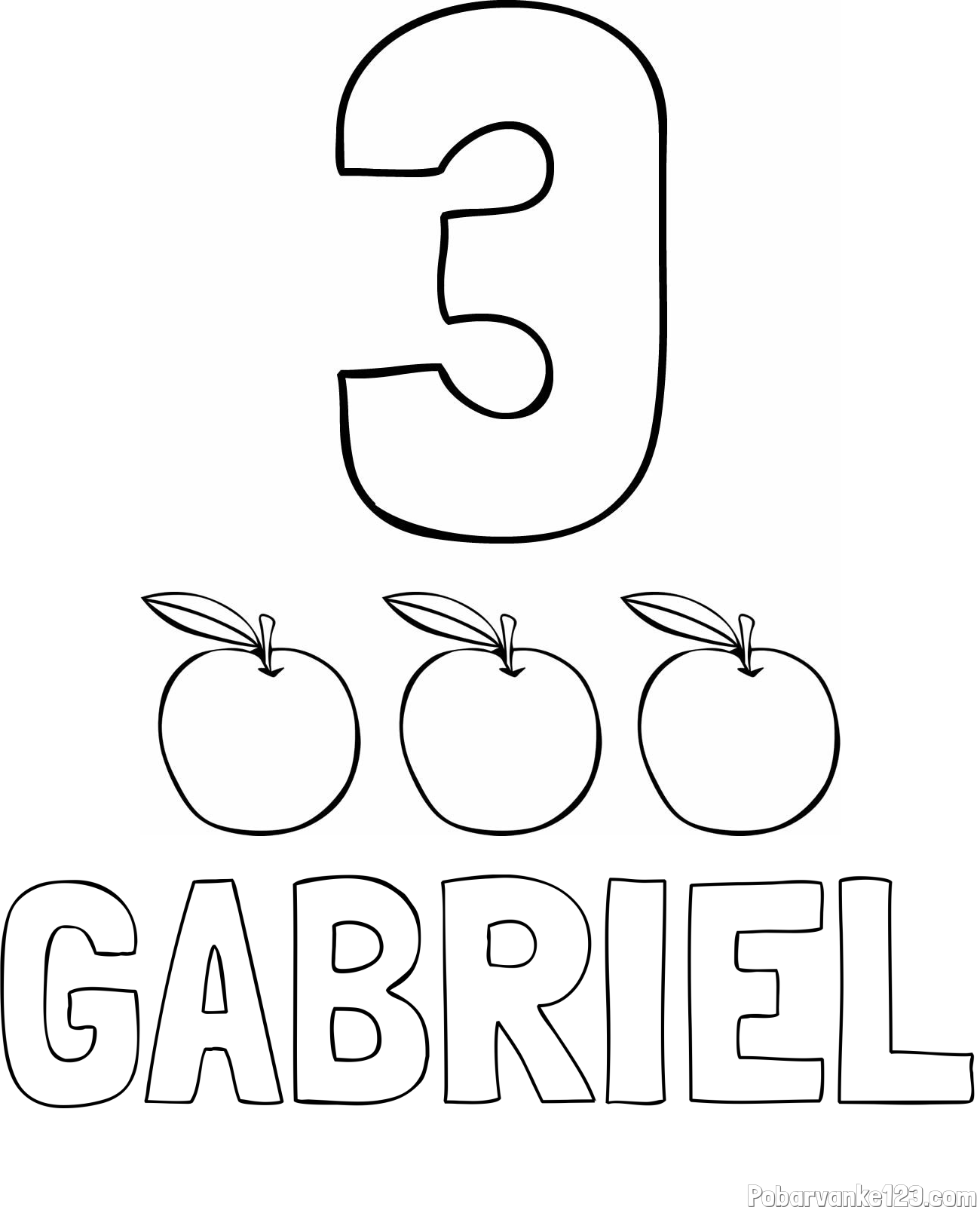 Pobarvanka imena GABRIEL in pobarvanka števila 3 s slikovnim prikazom