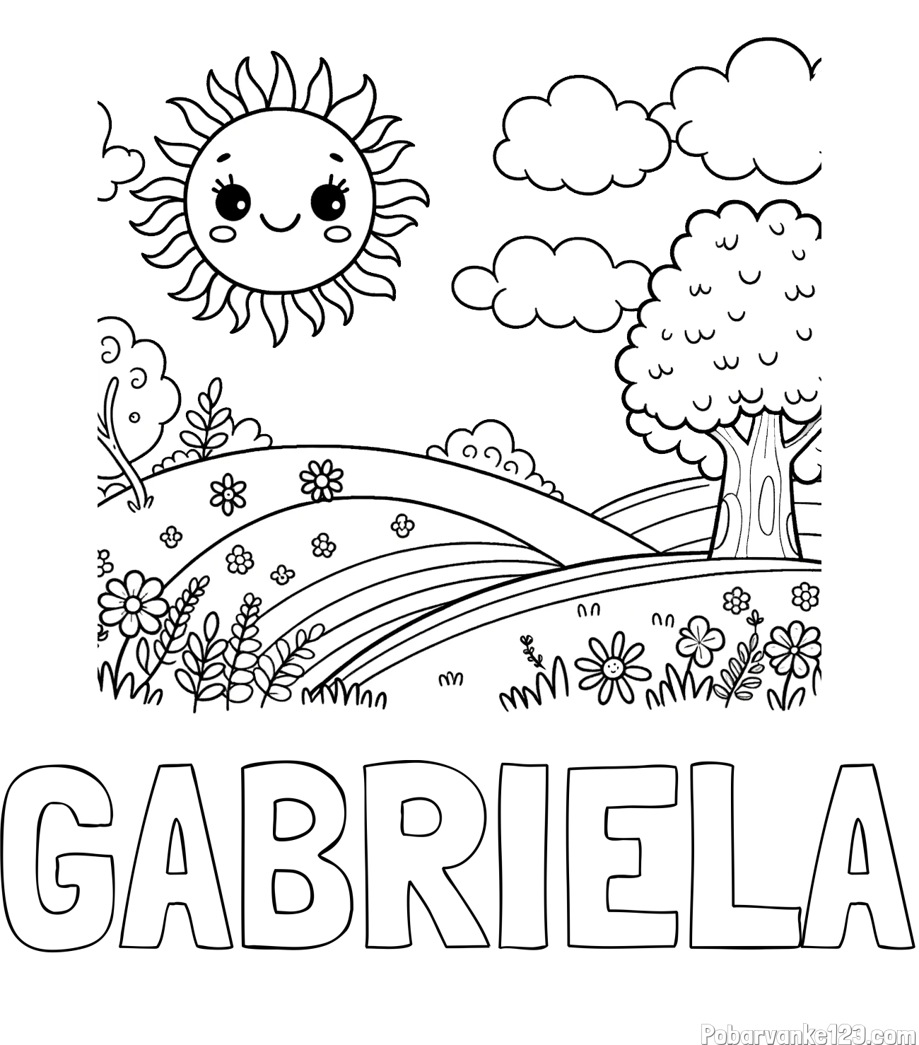 Pobarvanka imena GABRIELA in otroška pobarvanka narave