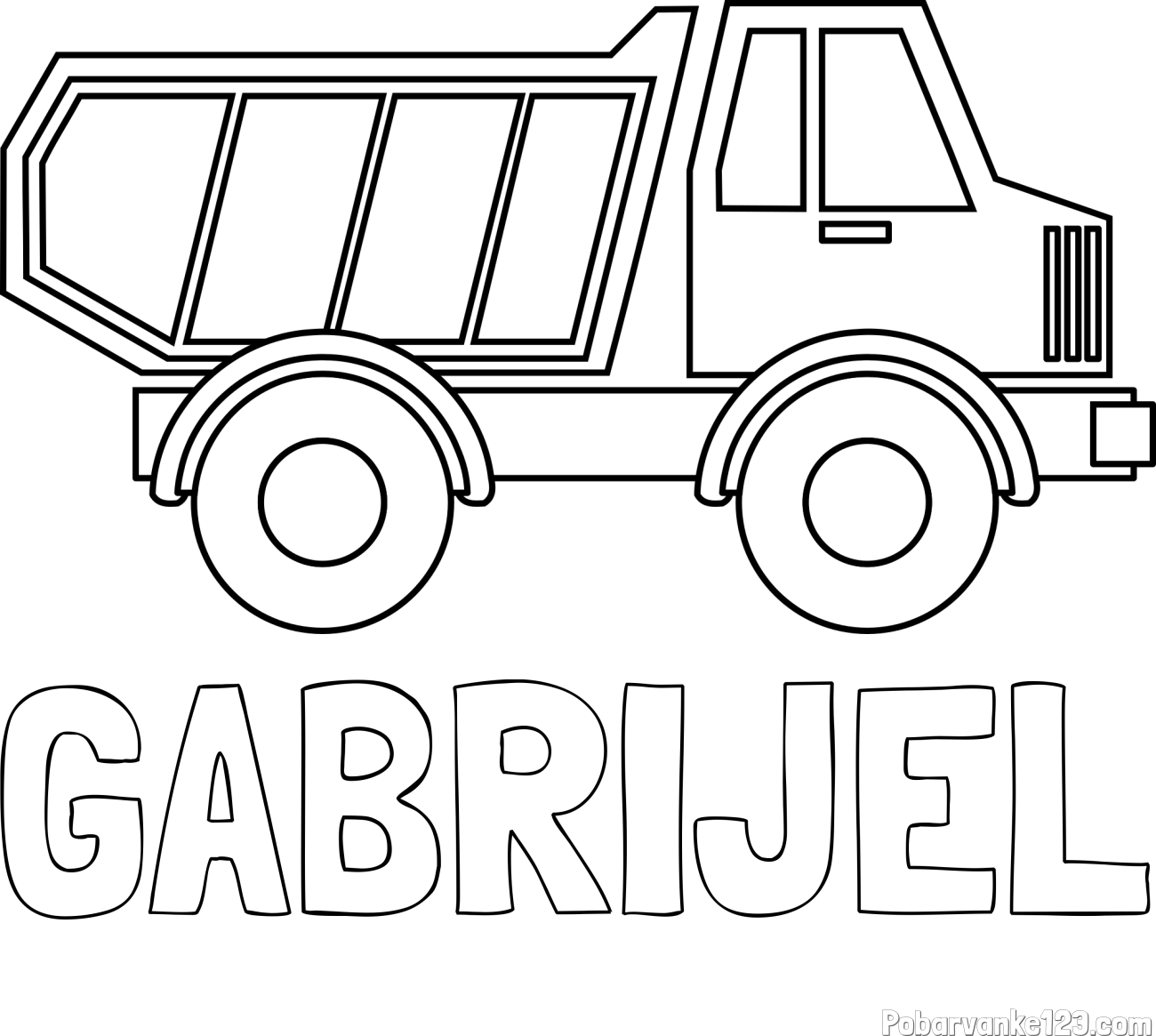 Pobarvanka imena GABRIJEL in otroška pobarvanka tovornjaka za prevoz smeti in drugega tovora