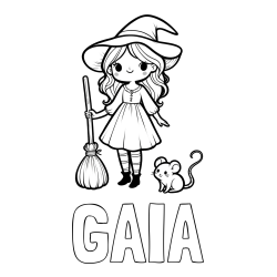 Online izdelana pobarvanka - Pobarvanka imena GAIA in pobarvanka čarovnice z metlo in miško