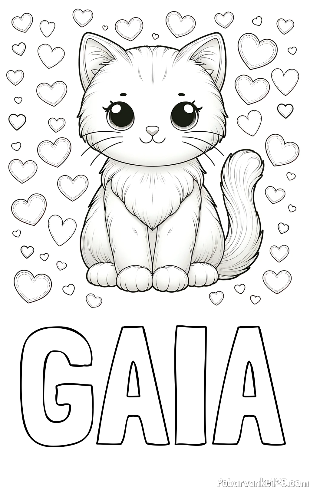 Pobarvanka imena GAIA in pobarvanka ljubke mucke obdane s srčki