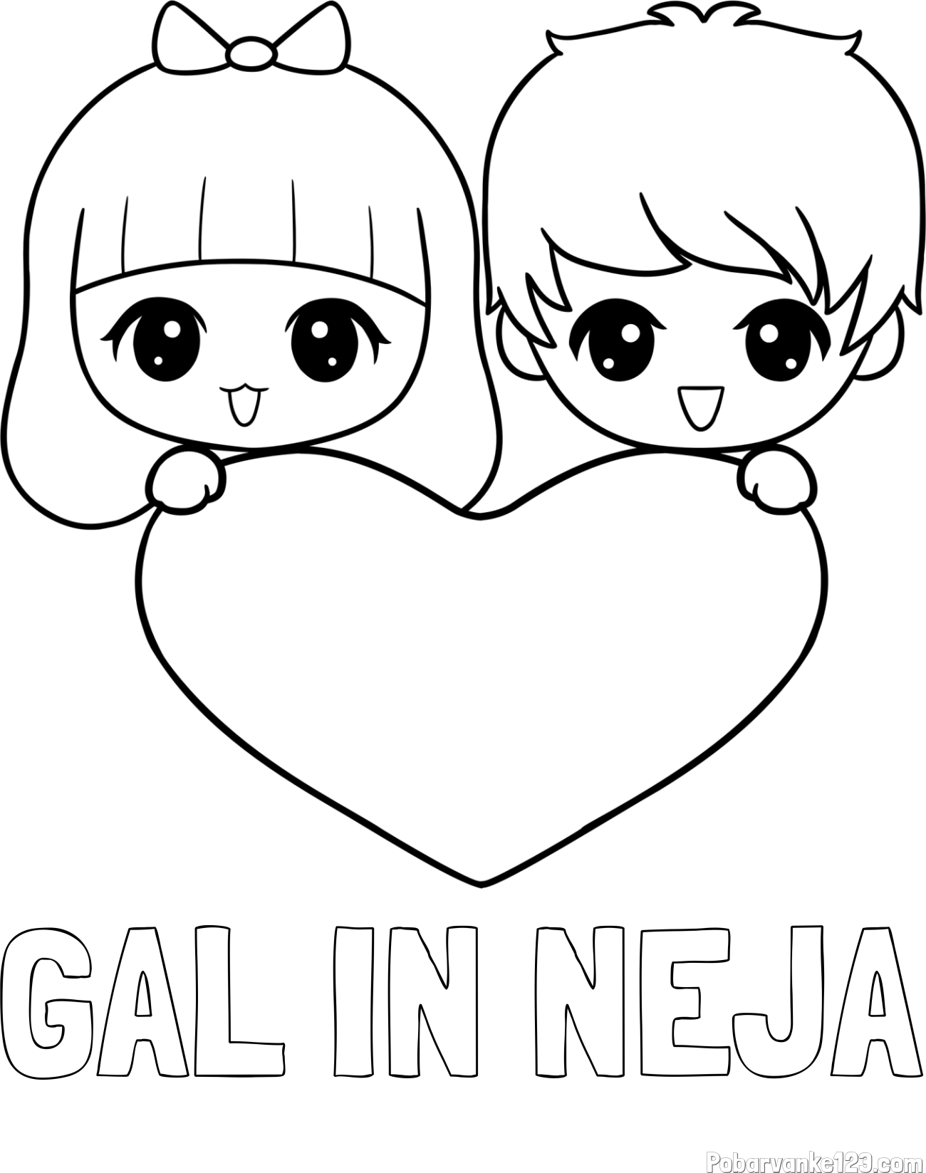 Pobarvanka imena GAL IN NEJA in pobarvanka fantka in deklice, ki objemata srček