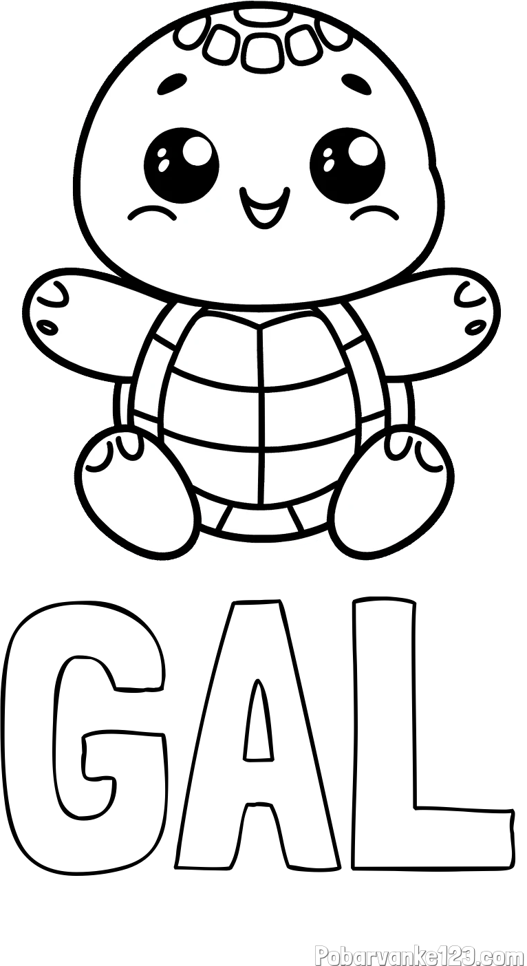 Pobarvanka imena GAL in otroška pobarvanka ljubke in nasmejane želvice