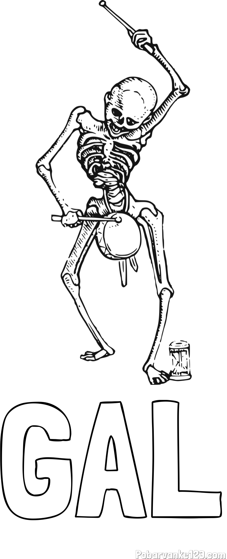 Pobarvanka imena GAL in pobarvanka okostnjaka, ki igra na boben