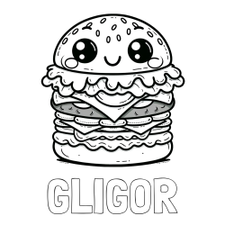 Online izdelana pobarvanka - Pobarvanka imena GLIGOR in otroška pobarvanka nasmejanega hamburgerja