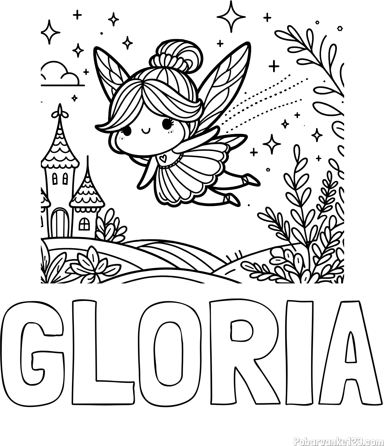 Pobarvanka imena GLORIA in pobarvanka čarobne vile, ki leti nad pravljično pokrajino
