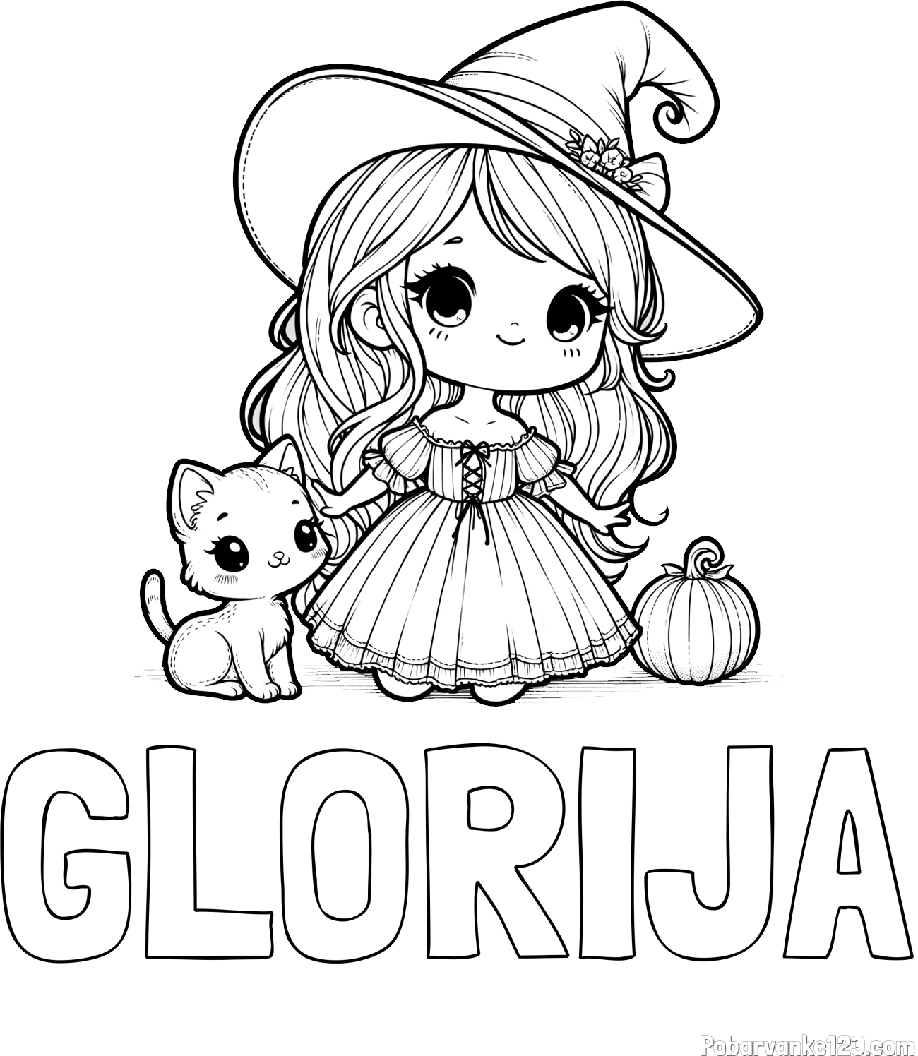 Pobarvanka imena GLORIJA in pobarvanka ljubke čarovnice, muce in buče