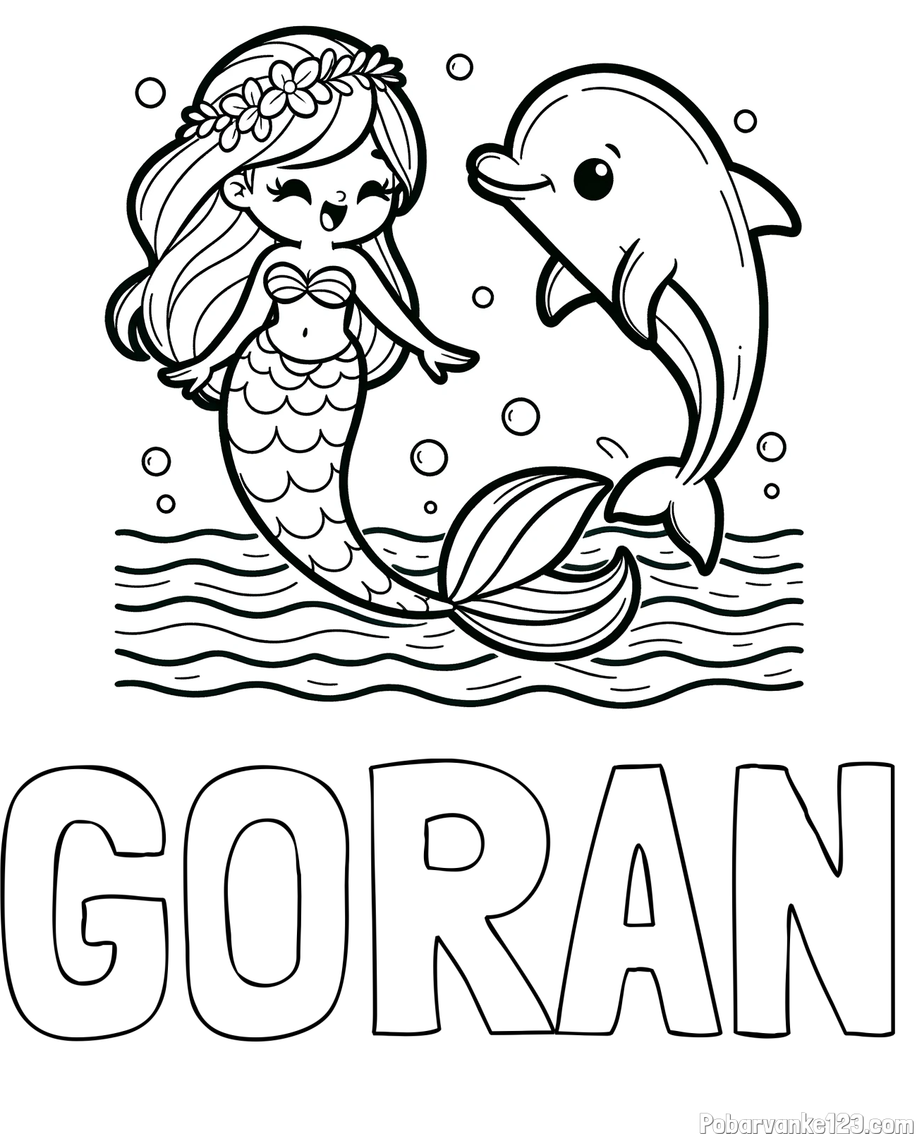 Pobarvanka imena GORAN in pobarvanka ljubke morske deklice, ki pleše z delfinom