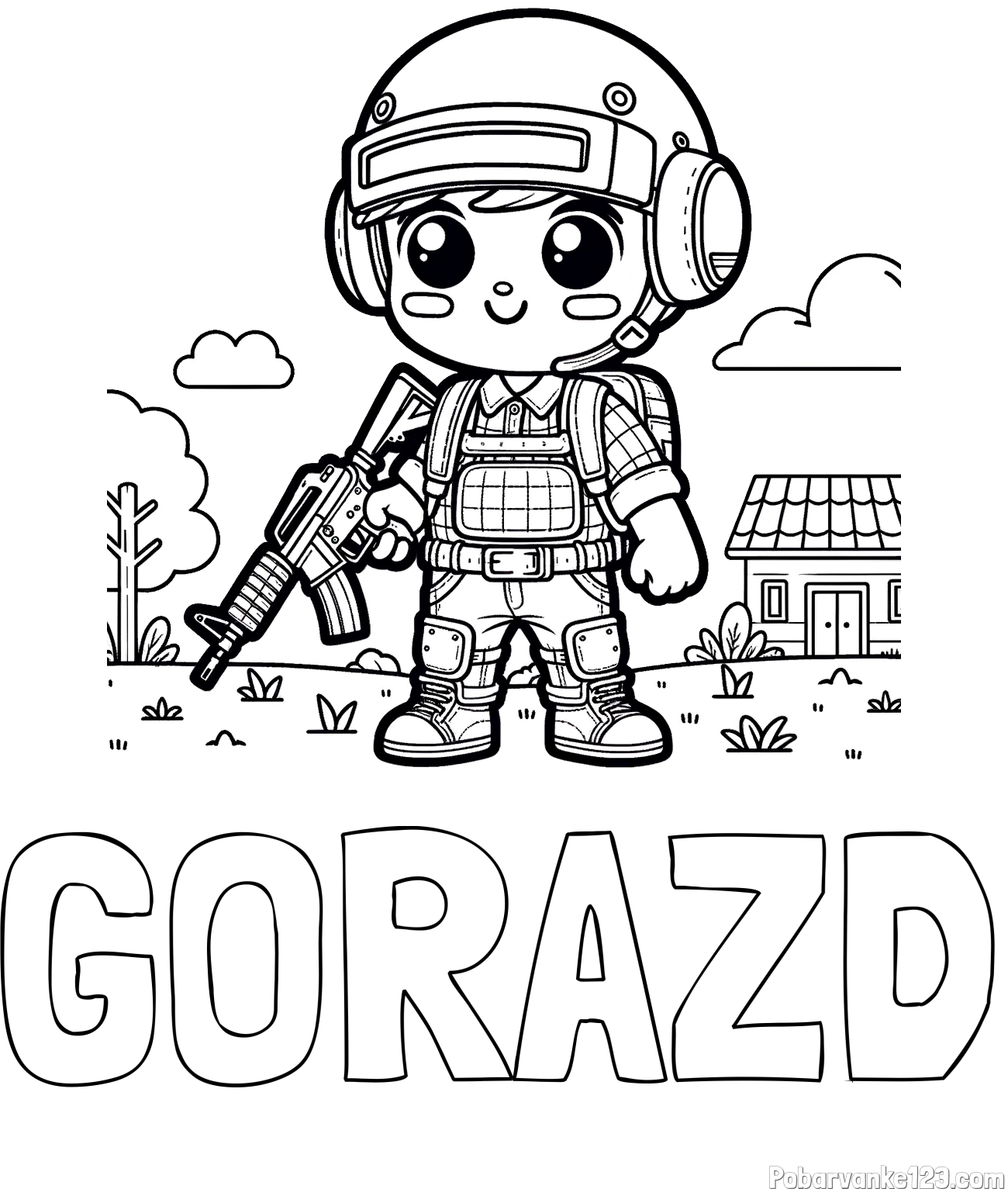 Pobarvanka imena GORAZD in preprosta otroška PUBG pobarvanka