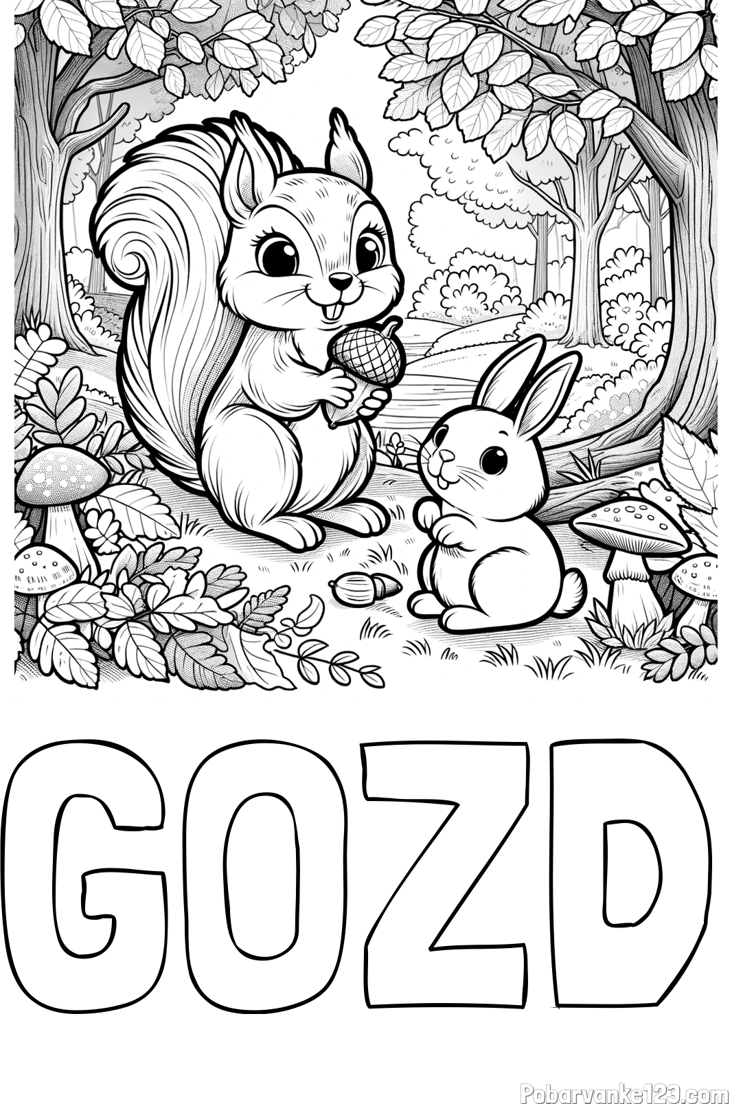 Pobarvanka imena GOZD in pobarvanka veveričke in zajčka v gozdu