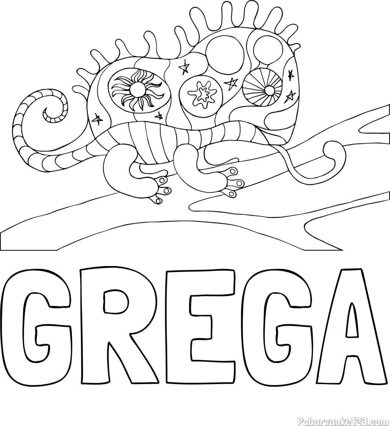 Pobarvanka imena GREGA in pobarvanka kameleona  mandale