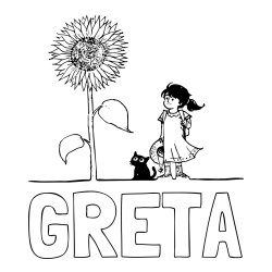 Online izdelana pobarvanka - Pobarvanka imena GRETA in pobarvanka velike sončnice, deklice in ljubkega mačka