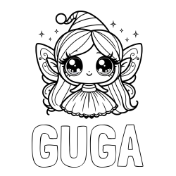 Online izdelana pobarvanka - Pobarvanka imena GUGA in pobarvanka ljubke čarobne vile z velikimi očmi