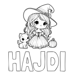 Online izdelana pobarvanka - Pobarvanka imena HAJDI in pobarvanka ljubke čarovnice, muce in buče