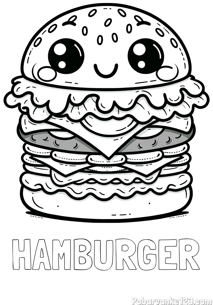 Pobarvanka imena HAMBURGER in otroška pobarvanka nasmejanega hamburgerja