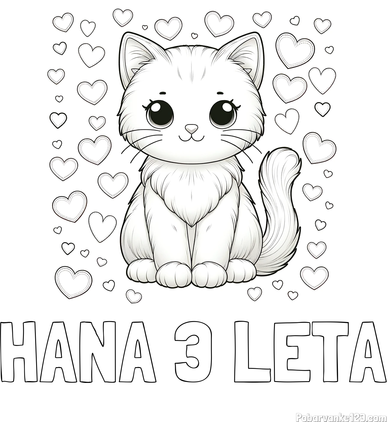 Pobarvanka imena HANA 3 LETA in pobarvanka ljubke mucke obdane s srčki
