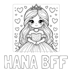 Online izdelana pobarvanka - Pobarvanka imena HANA BFF in pobarvanka ljubke princese obdane s srčki