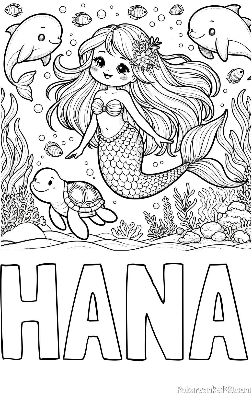 Pobarvanka imena HANA in pobarvana ljubke morske deklice s prijatelji