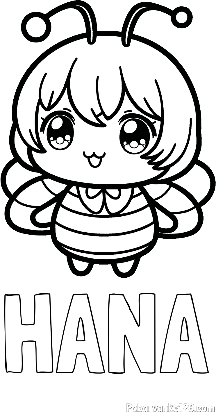 Pobarvanka imena HANA in pobarvanka čebelice v stilu anime