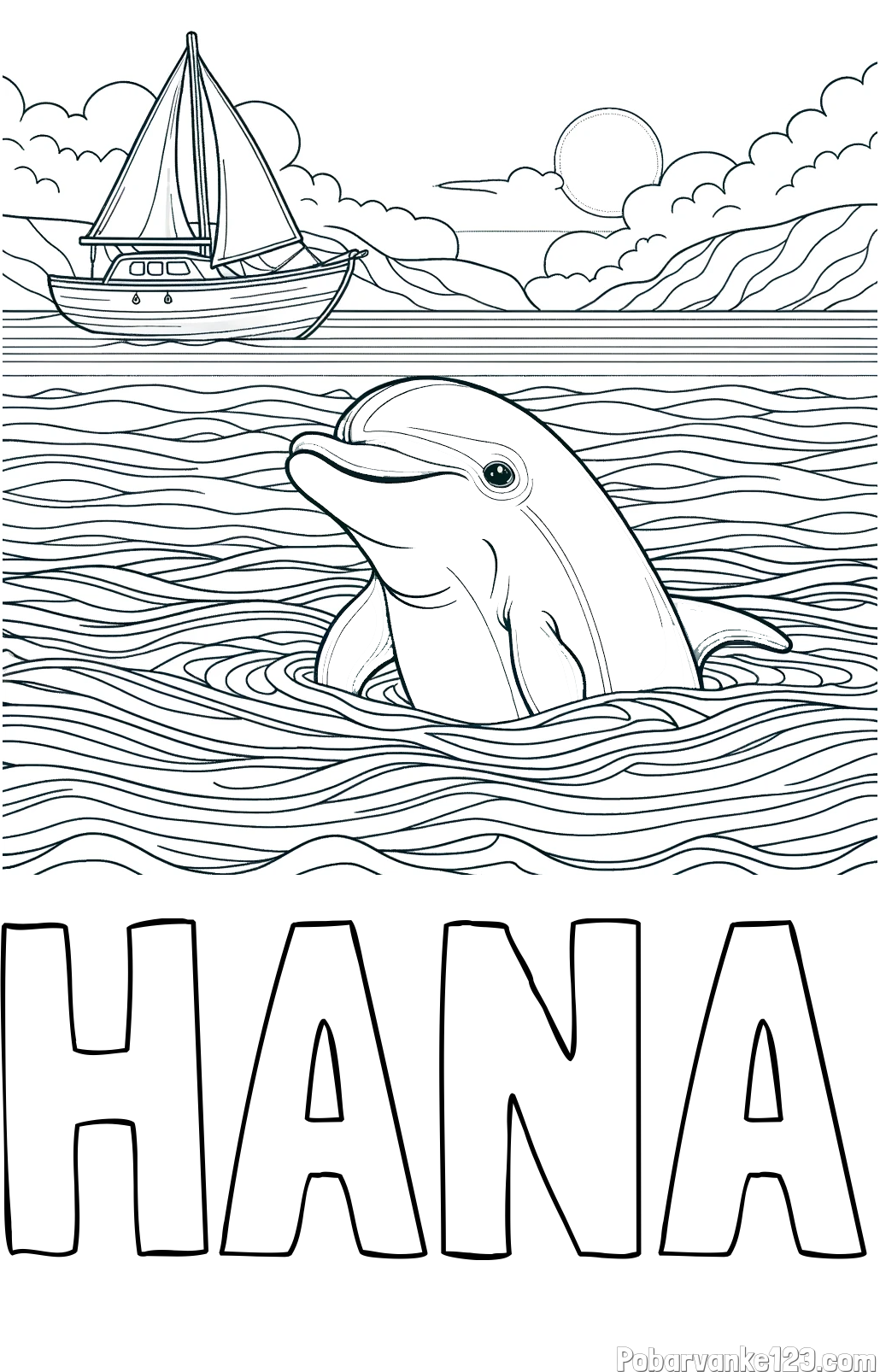 Pobarvanka imena HANA in pobarvanka delfina v morju ter jadrnice