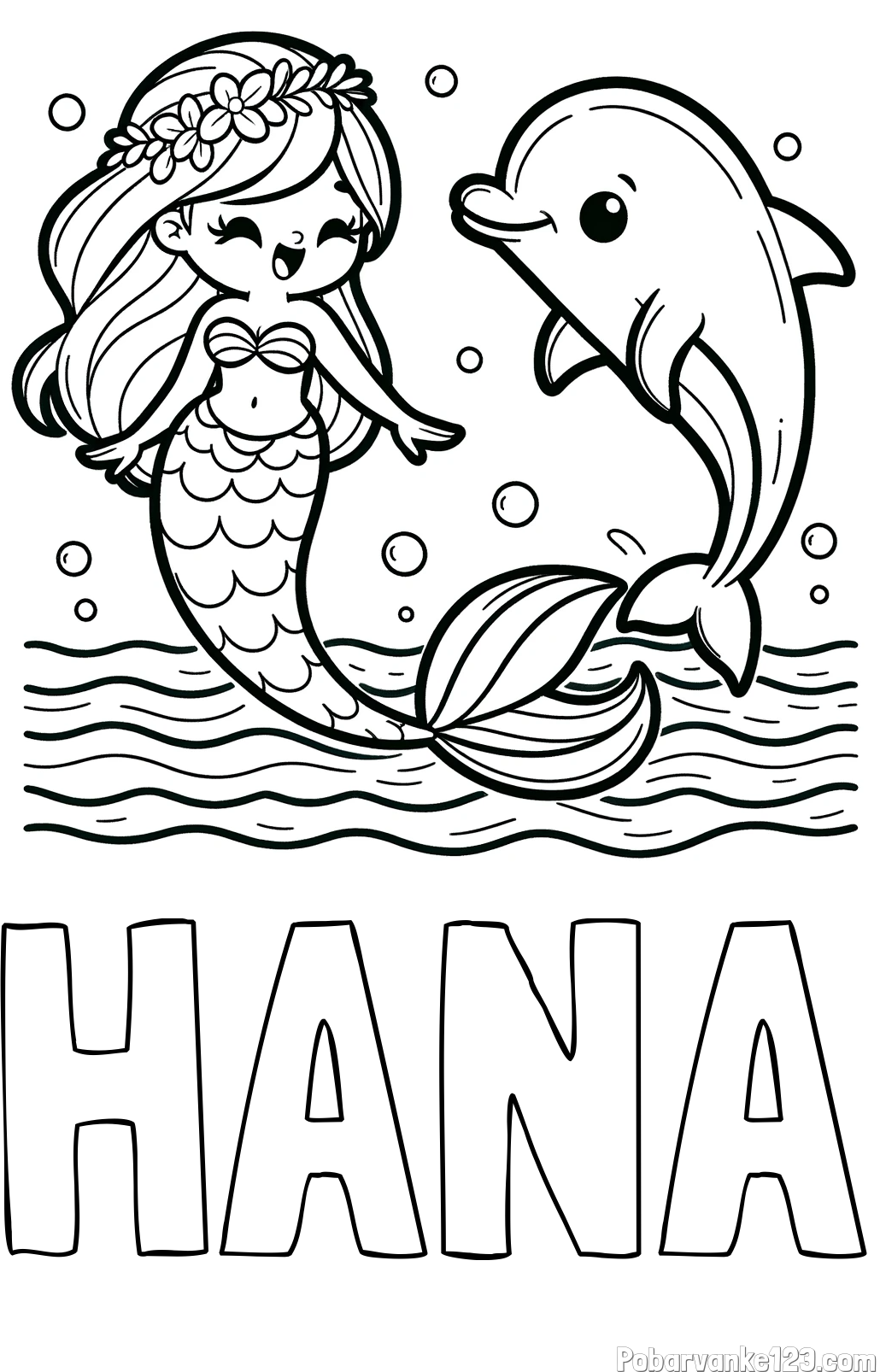 Pobarvanka imena HANA in pobarvanka ljubke morske deklice, ki pleše z delfinom