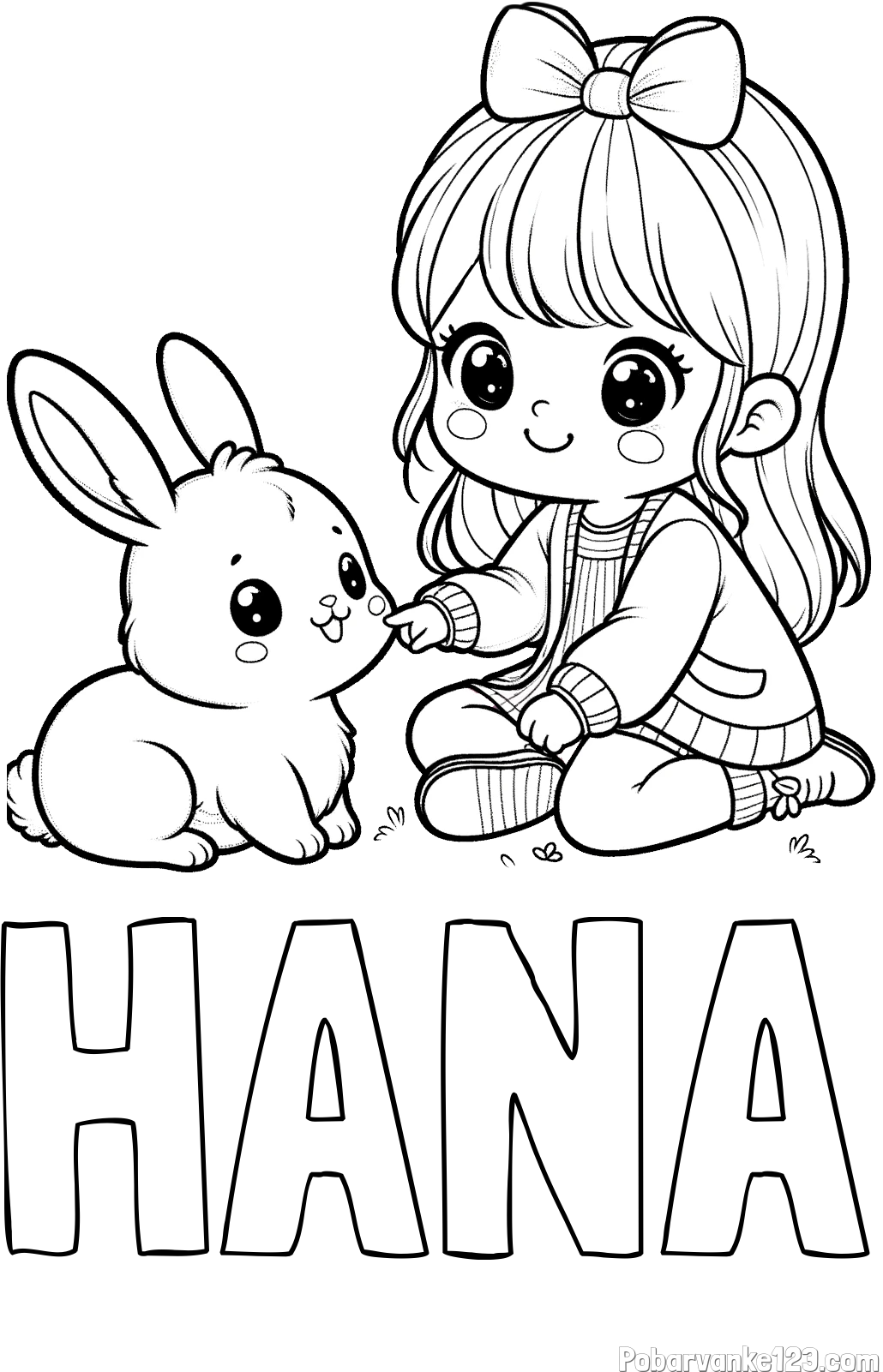 Pobarvanka imena HANA in pobarvanka ljubke punčke, ki se igra z zajčkom