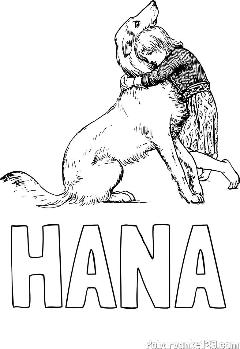 Pobarvanka imena HANA in pobarvanka prikupnega kužka, ki ga objema mala deklica